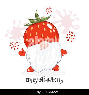 Cute strawberry gnome vector illustration. Hand drawn cartoon character Stock Vector