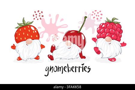 Set of cute berry gnomes. Vector illustration of berry characters - cherry, strawberry and raspberry Stock Vector