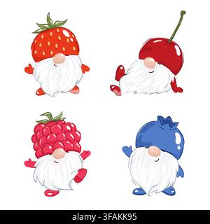 Set of cute berry gnomes isolated on white. Vector illustration of berry characters - cherry, strawberry and raspberry Stock Vector