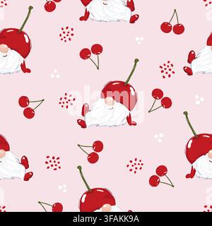 Cherry pattern with cute gnome and berries. Vector cartoon seamless illustration Stock Vector