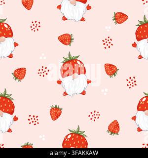 Strawberry pattern with cute gnome and berries. Vector cartoon seamless illustration Stock Vector