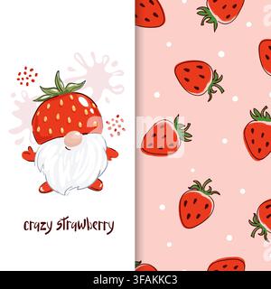 Strawberry set. Cute gnome and pattern with berries. Vector illustration for fabric, t-shirt design Stock Vector