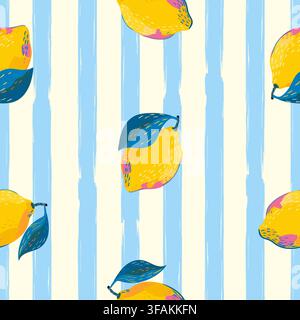 Seamless doodle lemon pattern with blue stripes. Trendy summer citrus fruit background Stock Vector