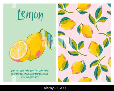 Set of citrus fruits doodle poster. Vector print with hand drawn lemons and leaves Stock Vector