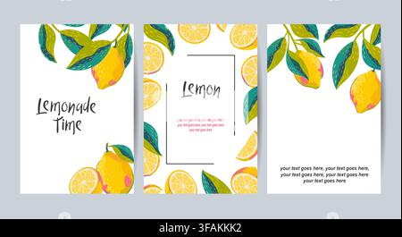 Set of lemon fruits Italian posters. Mediterranean print with hand drawn citrus branches Stock Vector