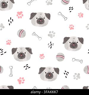 Pug puppy and paws seamless watercolor pattern. Vector cute dog illustration Stock Vector