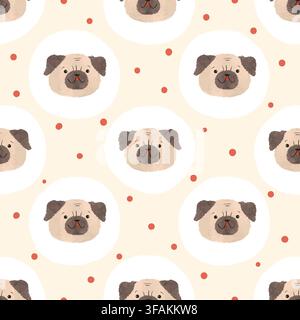 Cute pug puppy faces seamless pattern. Vector dog illustration Stock Vector