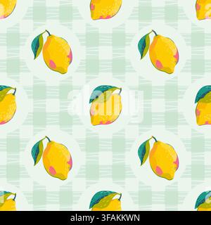 Hand drawn lemons pattern. Vector checkered print with fruits Stock Vector
