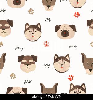 Cute dogs faces seamless pattern. Vector watercolor illustration of pug, terrier and husky Stock Vector