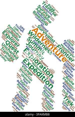 Adventure and outdoor exploration word cloud vector illustration featuring travel, hiking, wilderness, and equipment keywords isolated on transparent. Stock Vector