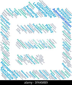 Administration word cloud vector illustration forming a clipboard silhouette with governance and management keywords isolated on transparent. Stock Vector