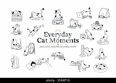 Cat Set, Vector Illustration. Cute Cat Set. Hand Drawn Cat Clipart Collection. Everyday Domestic Cat Moments. Funny Pet Activities - Sleeping, Playing Stock Vector
