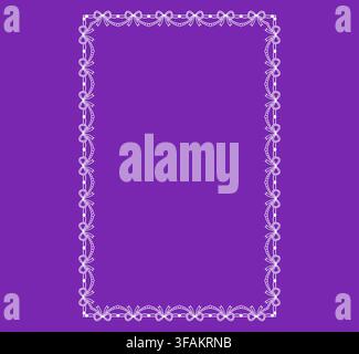 White bow lace rectangle with pearl garland scallops between ribbon knots forms purple coquette portrait frame. as romantic decorative trim on violet background for wedding invitations. Stock Vector