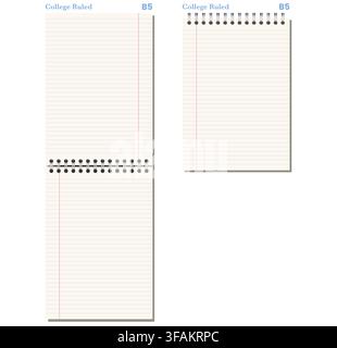 Ivory college ruled notebook page shows blue horizontal ruling plus red margin, black wire binding, and varied formats on light gray background. Suitable for schoolwork, planning, stationery layouts, Stock Vector