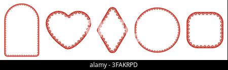 Red eyelet lace frames outline arch, heart, diamond, circle plus rounded square shapes with scalloped perforated dotted trim isolated on white background vector art for valentine wedding labels. Stock Vector