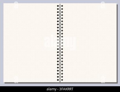 Ivory dotted grid notebook page shows fine ruling, side wire binding, and wide landscape format on white background. Suitable for schoolwork, planning, stationery layouts, notes and printable Stock Vector