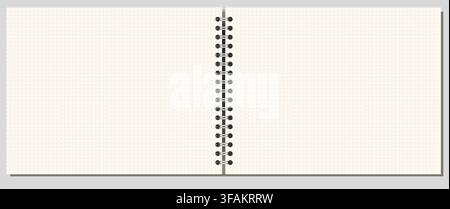 Ivory dotted grid notebook page shows fine ruling, side wire binding, and wide landscape format on white background. Suitable for schoolwork, planning, stationery layouts, notes and printable Stock Vector