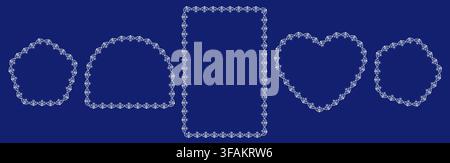 White folk floral lace borders shape pentagon, arch, rectangle, love silhouette plus hexagon frames on navy as vintage embroidery trim set isolated for wedding invitations, tags or cottagecore labels. Stock Vector