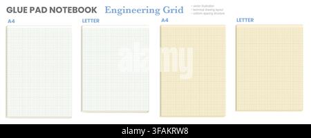 Set of four engineering grid glue pad sheets spanning A4 plus Letter formats, in ivory and white, displaying fine green square ruling. For drafting pages, technical stationery or architecture layouts Stock Vector