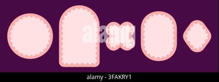 Rose floral crochet borders wrap circle, arch, quatrefoil, vertical oval plus lozenge frames on plum as vintage trim for wedding invitation labels, tags or romantic craft stationery projects. Stock Vector