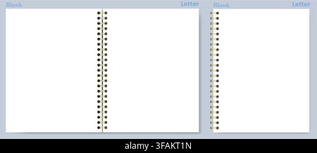White blank notebook page shows unruled surface, black wire binding, and upright horizontal formats on background. Suitable for schoolwork, planning, stationery layouts, notes and printable Stock Vector