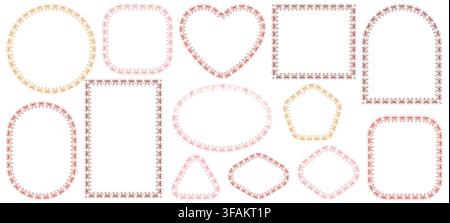 Red double bow lace border frames enclose oval, circle, rectangle plus square layouts linked by delicate ribbon garland trim as coquette set isolated on white background for invitation cards. Stock Vector