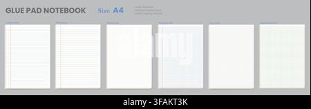 Set of six A4 white glue pad sheets presenting ruled, dotted, graph, cross plus engineering layouts on a dark gray backdrop. For printable stationery collections, school worksheets or technical pages Stock Vector