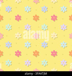 Sunny colorful pastel floral seamless pattern featuring multi color daisies on yellow background. Ideal for summer crafts, cheerful kids apparel, pack Stock Vector