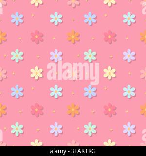 Cute colorful pastel daisy floral seamless pattern on pink background. Perfect for baby girl nursery decor, sweet gift wrapping paper, kids fashion, a Stock Vector
