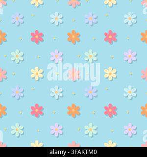Delicate light sky blue floral seamless pattern with colorful pastel daisy flowers. Ideal for baby shower decor, boy nursery wallpaper, summer station Stock Vector