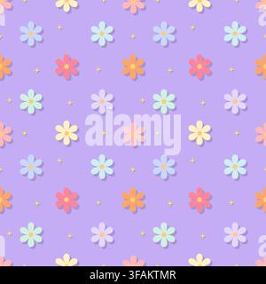 Charming lavender purple floral seamless pattern with multi color pastel daisy flowers. Perfect for aesthetic stationery, romantic gift wrapper, texti Stock Vector