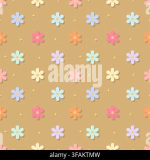 Cozy warm brown beige floral seamless pattern with colorful pastel daisy flowers. Ideal for autumn crafts, rustic wrapping paper, boho apparel, and wa Stock Vector