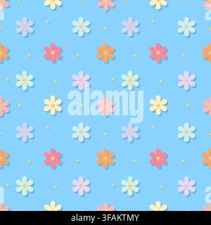 Vibrant classic sky blue floral seamless pattern with colorful pastel daisy blossoms. Great for summer fashion, boy apparel, cute gift wrap, and refre Stock Vector
