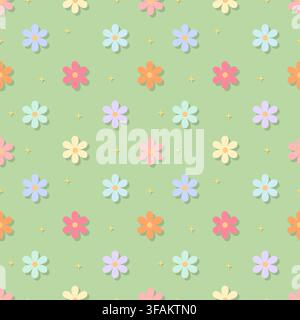 Calming sage green floral seamless pattern with multi color pastel daisy blossoms and stars. Perfect for botanical craft projects, organic packaging, Stock Vector