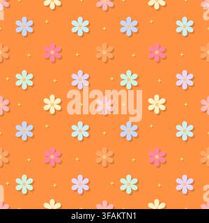 Cheerful colorful pastel floral seamless pattern on warm orange background with stars. Perfect for summer crafts, festive gift wrapping paper, kids ap Stock Vector