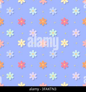 Dreamy periwinkle blue floral seamless pattern with colorful pastel daisies and stars. Great for serene nursery wallpaper, aesthetic notebook covers, Stock Vector