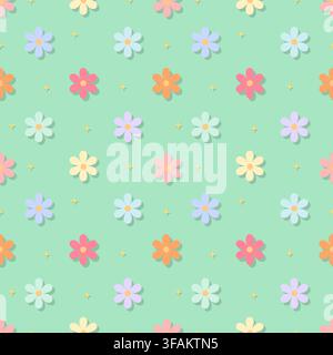 Refreshing mint green floral seamless pattern featuring colorful pastel daisy blossoms. Ideal for eco-friendly packaging, spring fashion, botanical de Stock Vector