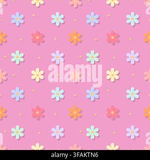 Gentle soft sweet pink floral seamless pattern with colorful daisy blossoms and stars. Perfect for romantic greeting cards, nursery decor, girls appar Stock Vector