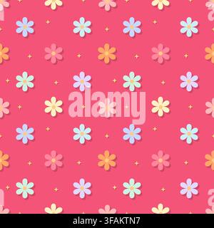 Energetic colorful pastel floral seamless pattern featuring multi color daisies on vibrant pink background. Great for party decor, playful girl appare Stock Vector