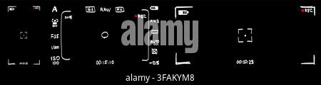 Smartphone, DSLR camera rec overlay pack in hand drawn doodle style isolated on black bg. 16:9 and 21:9 recorder cam display. Video or photo recording Stock Vector