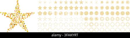 Set of gold confetti stars icons. Star shapes collection. Shiny simple stars pack. Christmas star objects isolated on transparent bg. Vector png Stock Vector