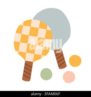 Beach tennis wooden paddles and balls vector illustration. Yellow checkered racket game set isolated on white background Stock Vector