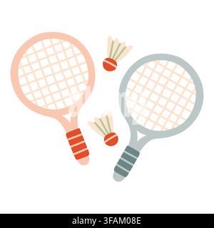 Badminton tennis rackets and shuttlecocks vector illustration. Summer outdoor active sport set isolated on white background Stock Vector