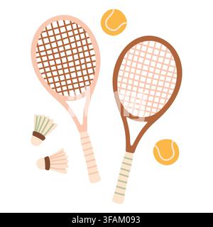 Retro tennis rackets with yellow balls and shuttlecocks vector illustration. Summer outdoor activity equipment set isolated on white background Stock Vector