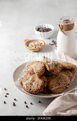 A plate of freshly made chocolate chip quinoa cookies, ready for eating.  Stock Photo