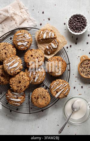 Homemade quinoa chocolate chip cookies on a cooling rack. Stock Photo