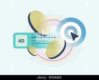 Ad targeting focuses on audience segmentation and campaign placement. Contextual and programmatic ad targeting improve relevance, engagement and conversion across digital media vector illustration. Stock Vector