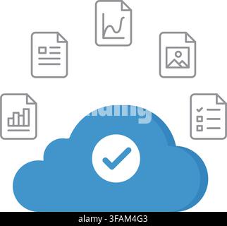 An illustration showing digital files and documents connected to a cloud network for online storage and management. Stock Vector