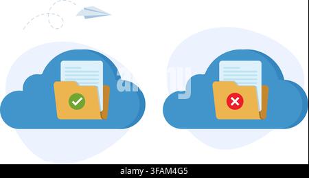 cloud storage folders displaying file approval checkmark and rejection cross status during server sync process. Stock Vector
