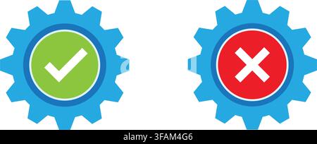 gear icons representing check mark and cross mark to show user approval rejection settings status and system validation Stock Vector